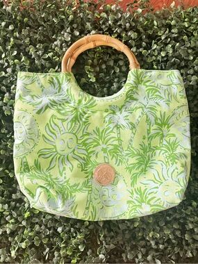 Lilly Pulitzer Lime Green Tropical Print Mini Bag with Bamboo Handles